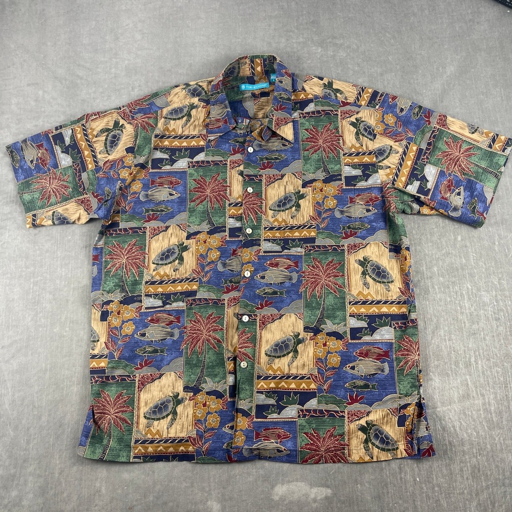 Tori Richard Men L Blue Cotton Lawn Sea Turtle Fish Aloha Shirt 0300 1133